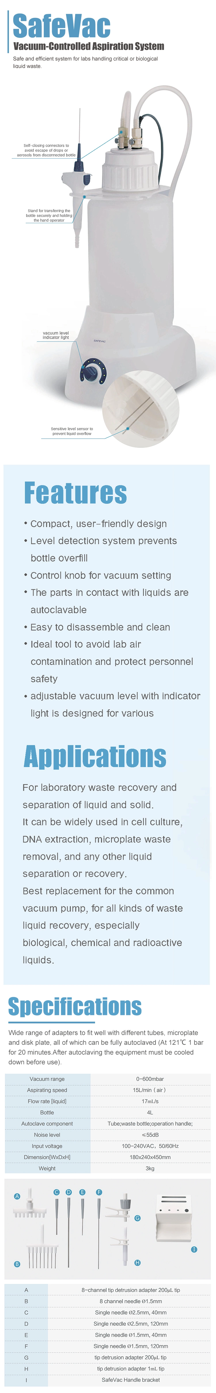 Vesta High Quality Laboratory Liquid Maintenance Safevac Vacuum Aspiration System 4L